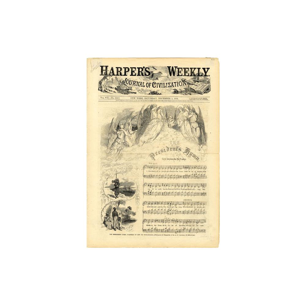 Image: Harper's Weekly and "The President's Hymn. Give Thanks, All Ye People"