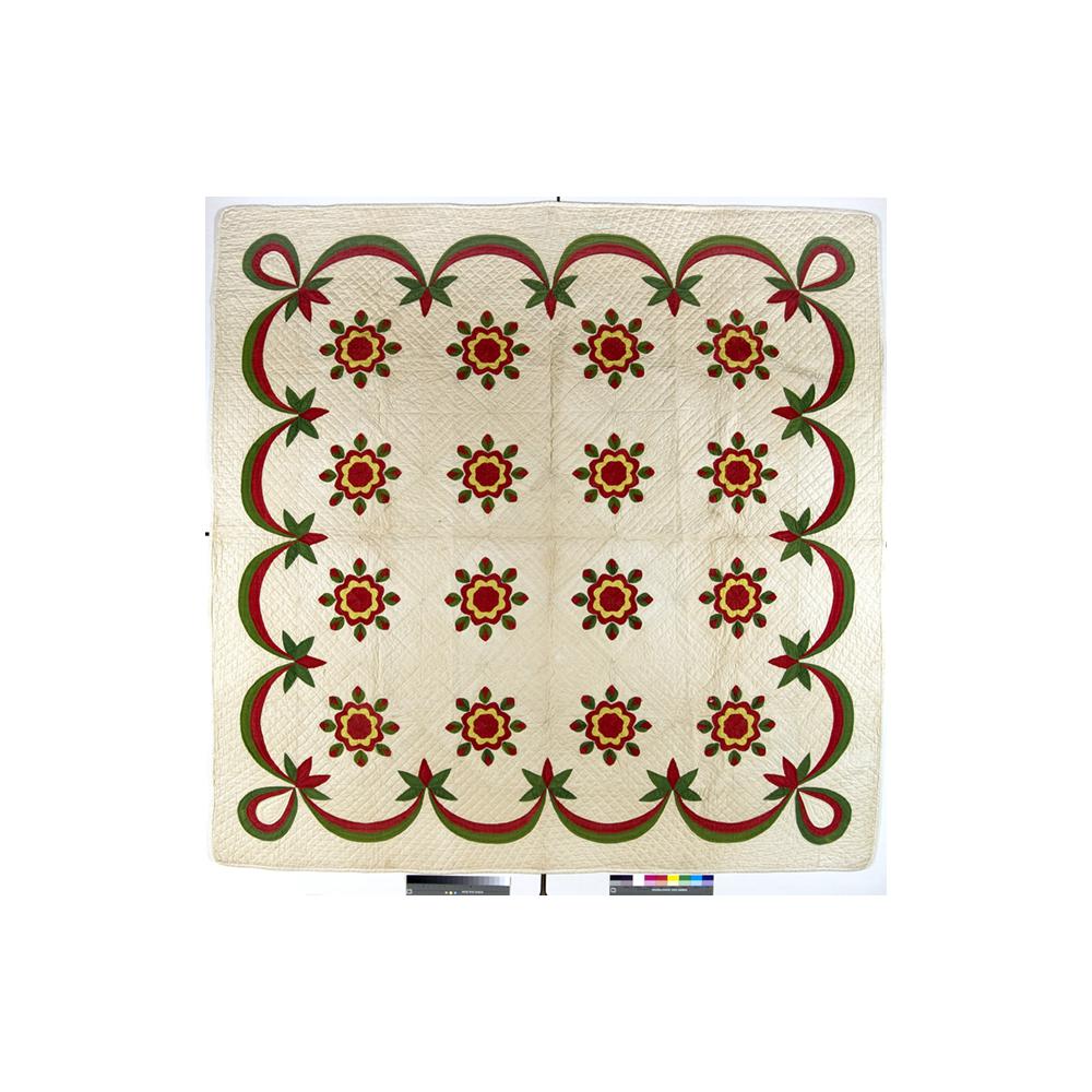 Image: Whig Rose variation applique quilt; red/green applique