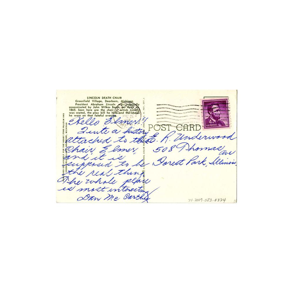 Image: Postcard of Lincoln Death Chair