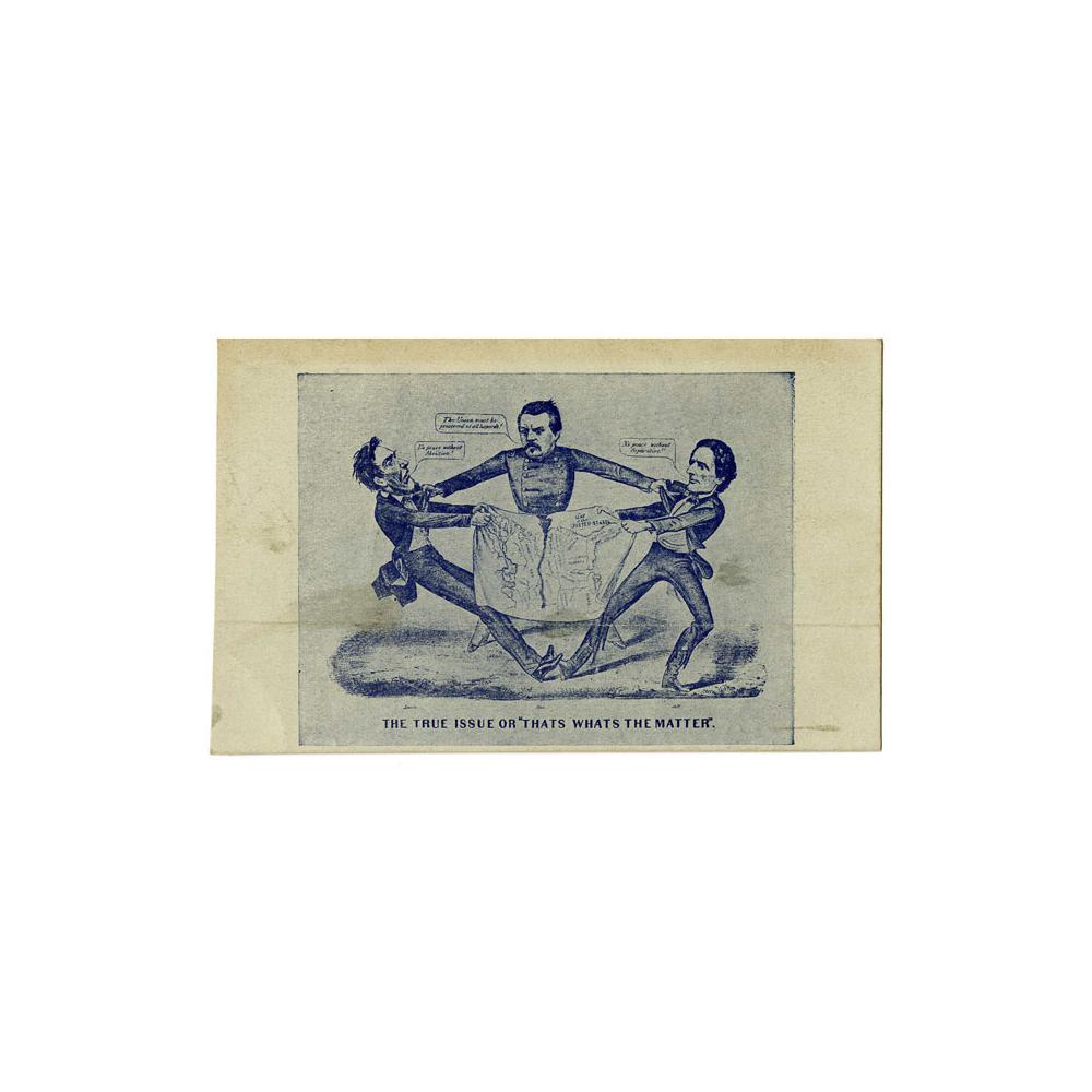 Image: Postcard of a George McClellan, Abraham Lincoln, and Jefferson Davis cartoon