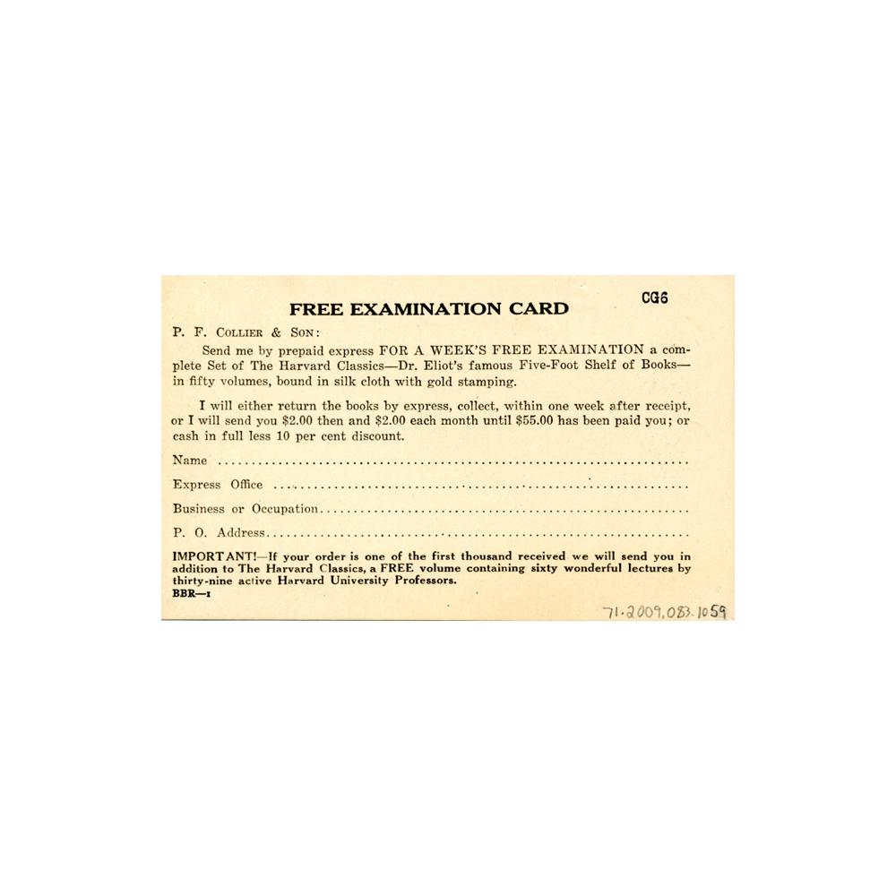 Image: The Harvard Classics Free Examination Card
