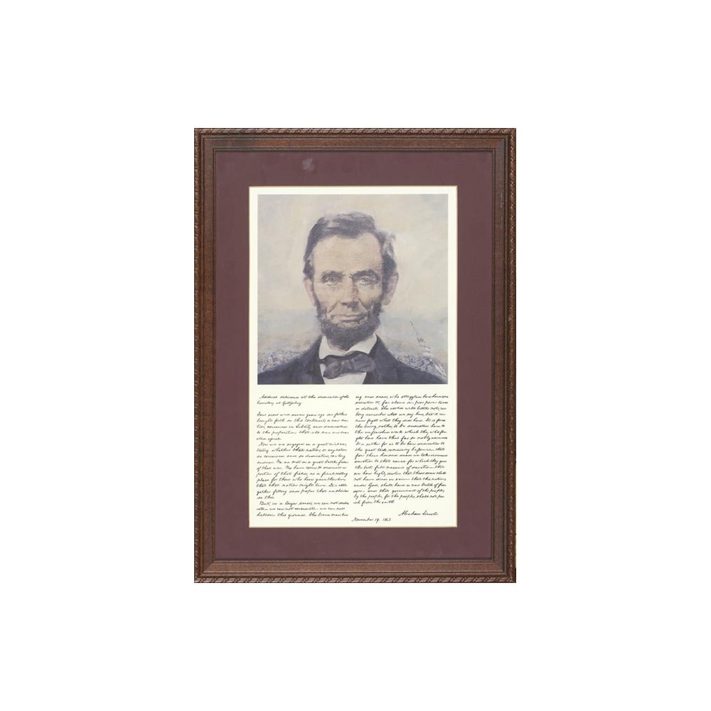 Image: portrait of Abraham Lincoln and copy of the Gettysburg Address