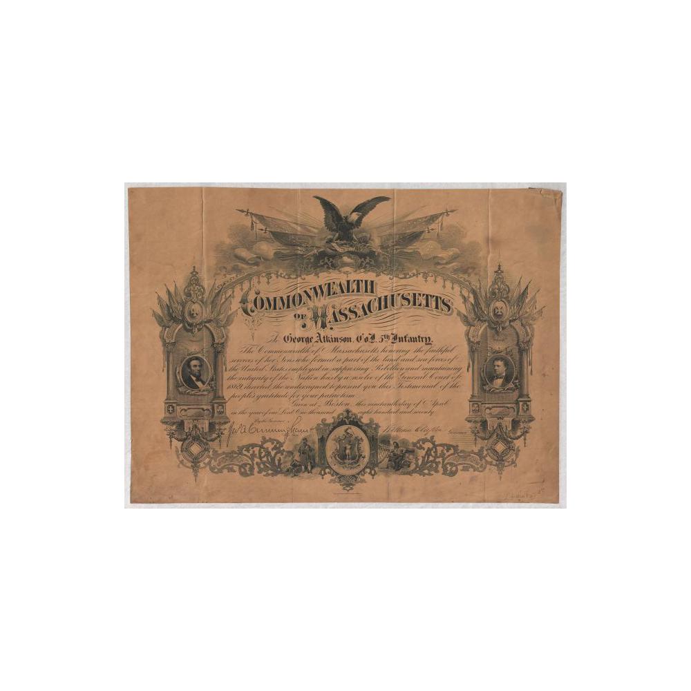 Image: Commonwealth of Massachusetts Certificate Honoring Civil War Soldier George Atkinson