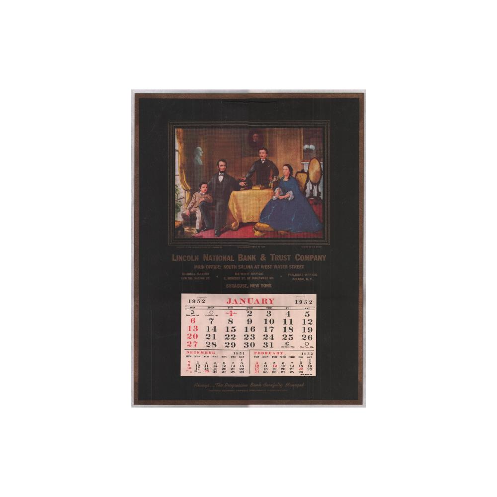 Image: 1952 Lincoln National Bank & Trust Company wall calendar