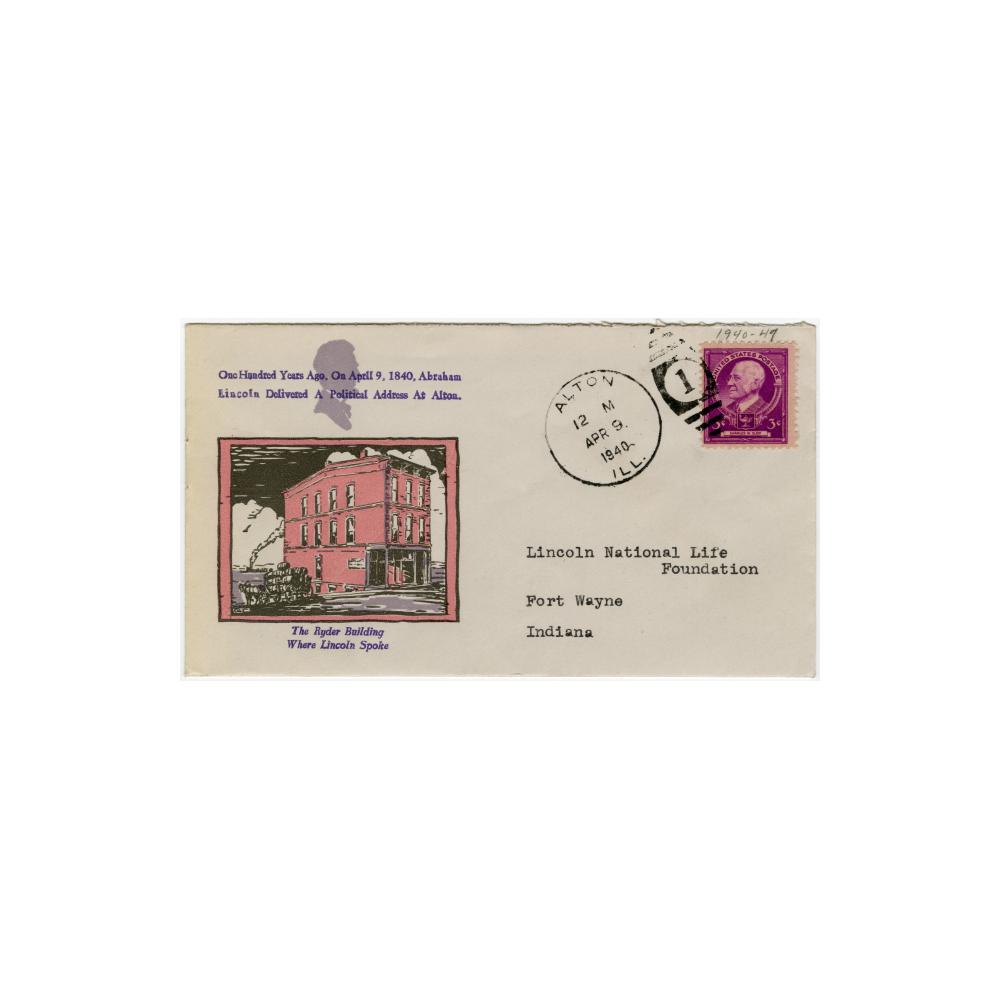 Image: Commemorative cachet for Lincoln's 1840 speech delivered at Alton