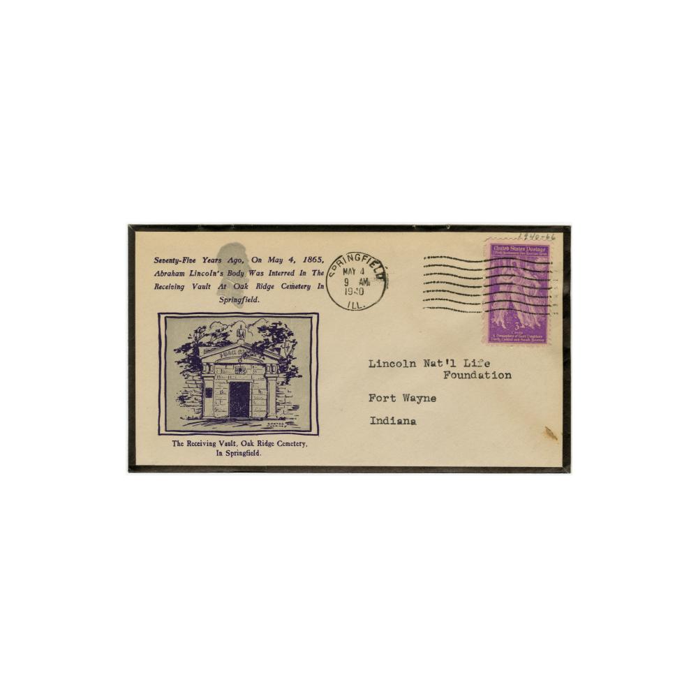 Image: Commemorative cachet for the 75th Anniversary of the Burial of Lincoln