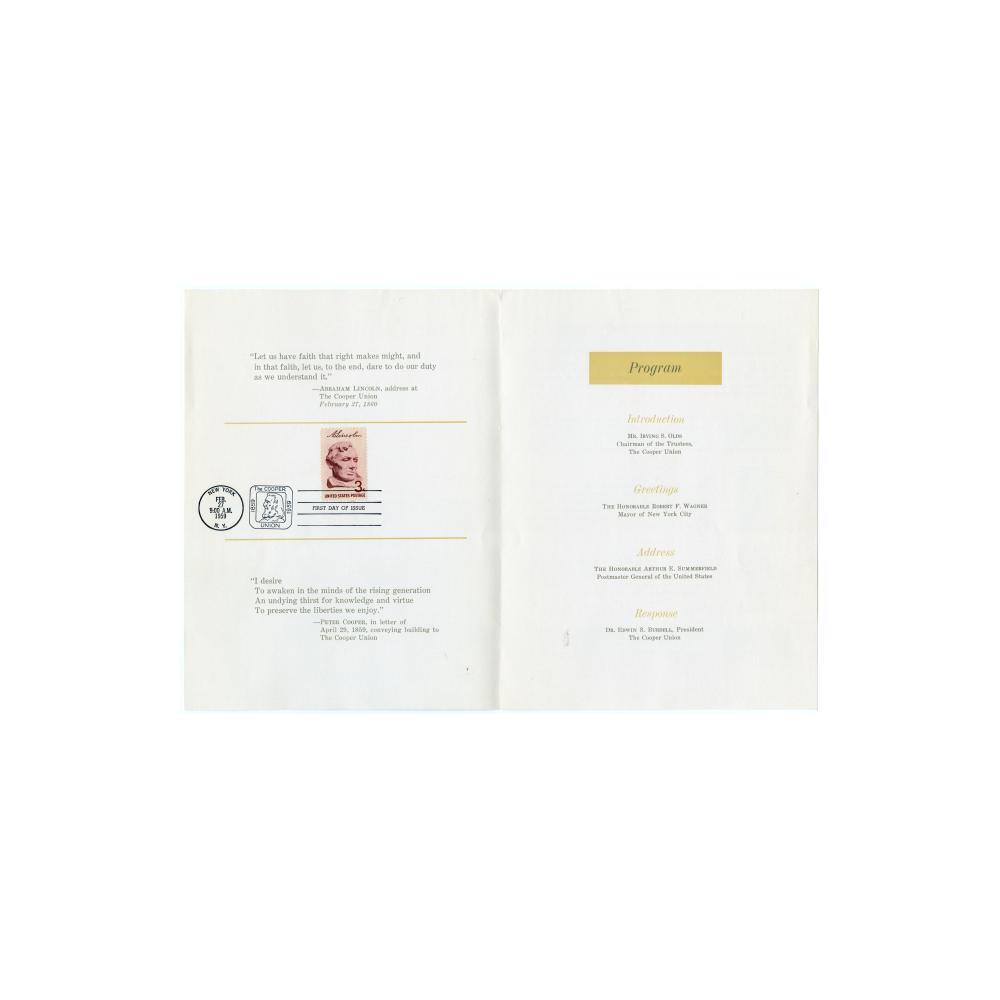 Image: Lincoln 3-cent Postage Stamp in Cooper Union Souvenir Program