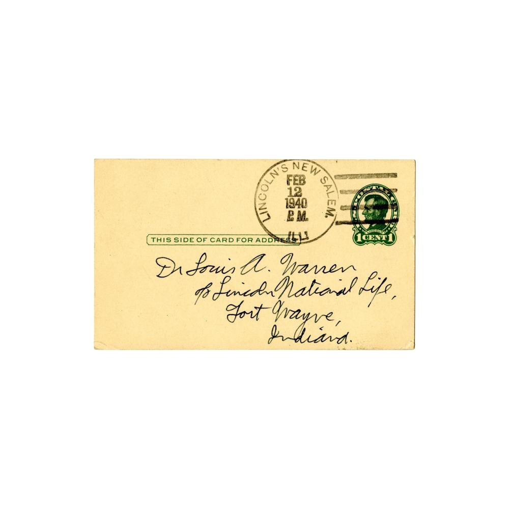 Image: 1-cent Postal Card Postmarked Feb. 12, 1940