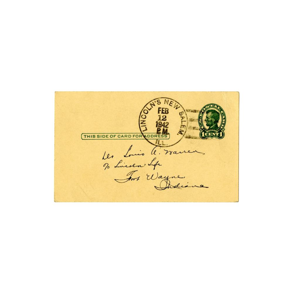 Image: 1-cent Postal Card Postmarked Feb. 12, 1942