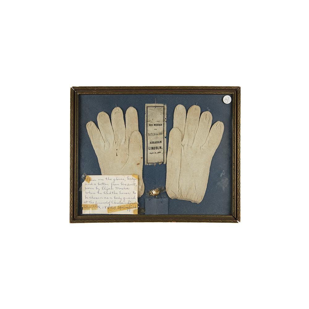 Image: gloves, ribbon, and button worn at Abraham Lincoln's funeral